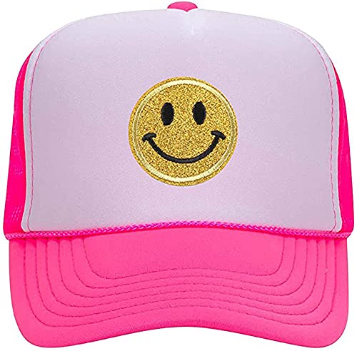 Lin Su Fashion Yellow Glitter Smiley Face Sequins Preppy Printing Neon High Crown Foam Mesh Back Trucker Hat-for Men and Women (Multicoloured-7), One Size